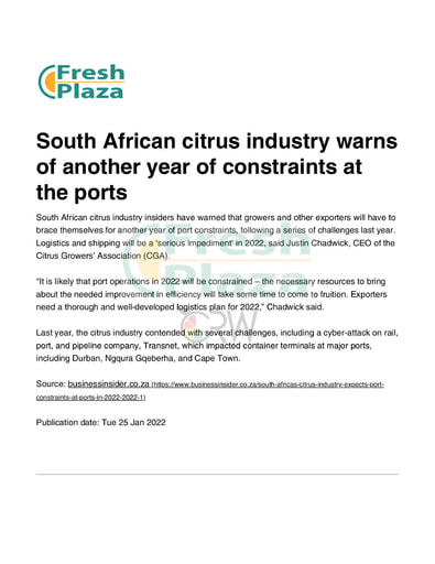 S African citrus industry warns of another year of constraints at the ports