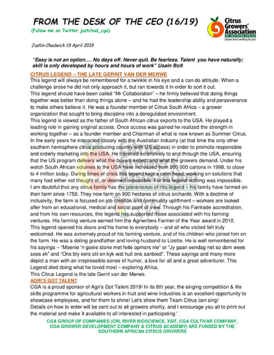 CGA - CEO Newsletter 16/2019 (19/04/19)