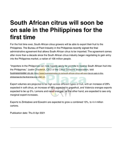 South African citrus will soon be on sale in the Philippines for the first time