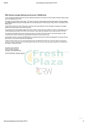 RSA Valencia oranges fetching record prices in Middle East