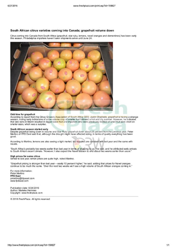South African citrus varieties coming into Canada; grapefruit volume down