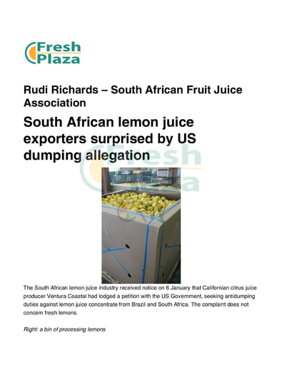South African lemon juice exporters surprised by US dumping allegation