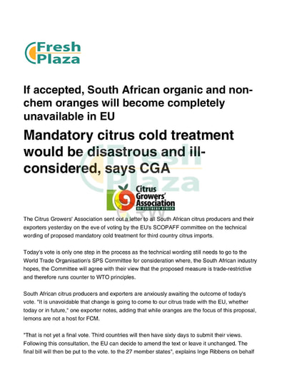 Mandatory citrus cold treatment would be disastrous and ill considered, says CGA