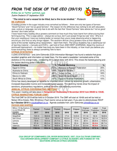 CGA - CEO Newsletter 39/2019 (27/09/19)
