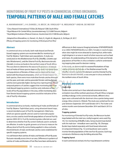 Monitoring of Fruit Fly Pests in Commercial Citrus Orchards:  Temporal Patterns of Male and Female Catches