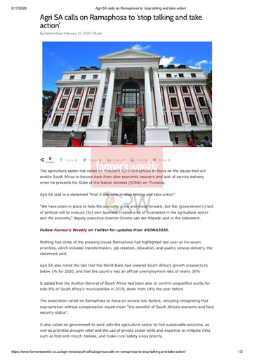 Agri SA calls on Ramaphosa to 'stop talking and take action'